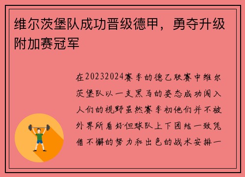 维尔茨堡队成功晋级德甲，勇夺升级附加赛冠军